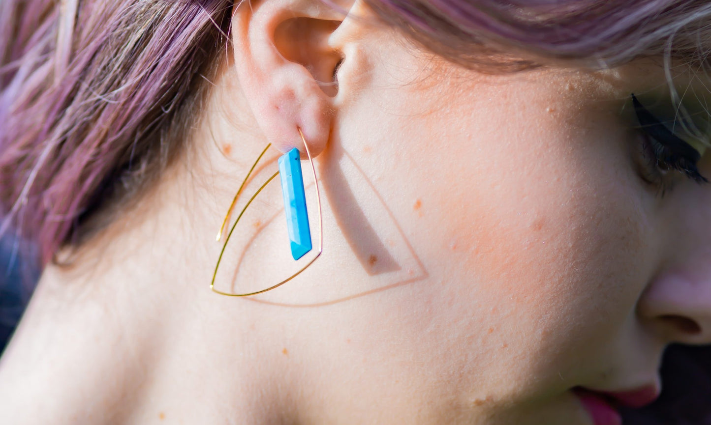 Large Triangle Loop Earrings with hand-cut Gemstones