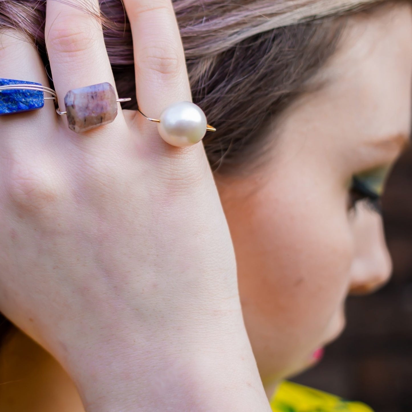 Square Ring with White Baroque Round Pearl (12mm)