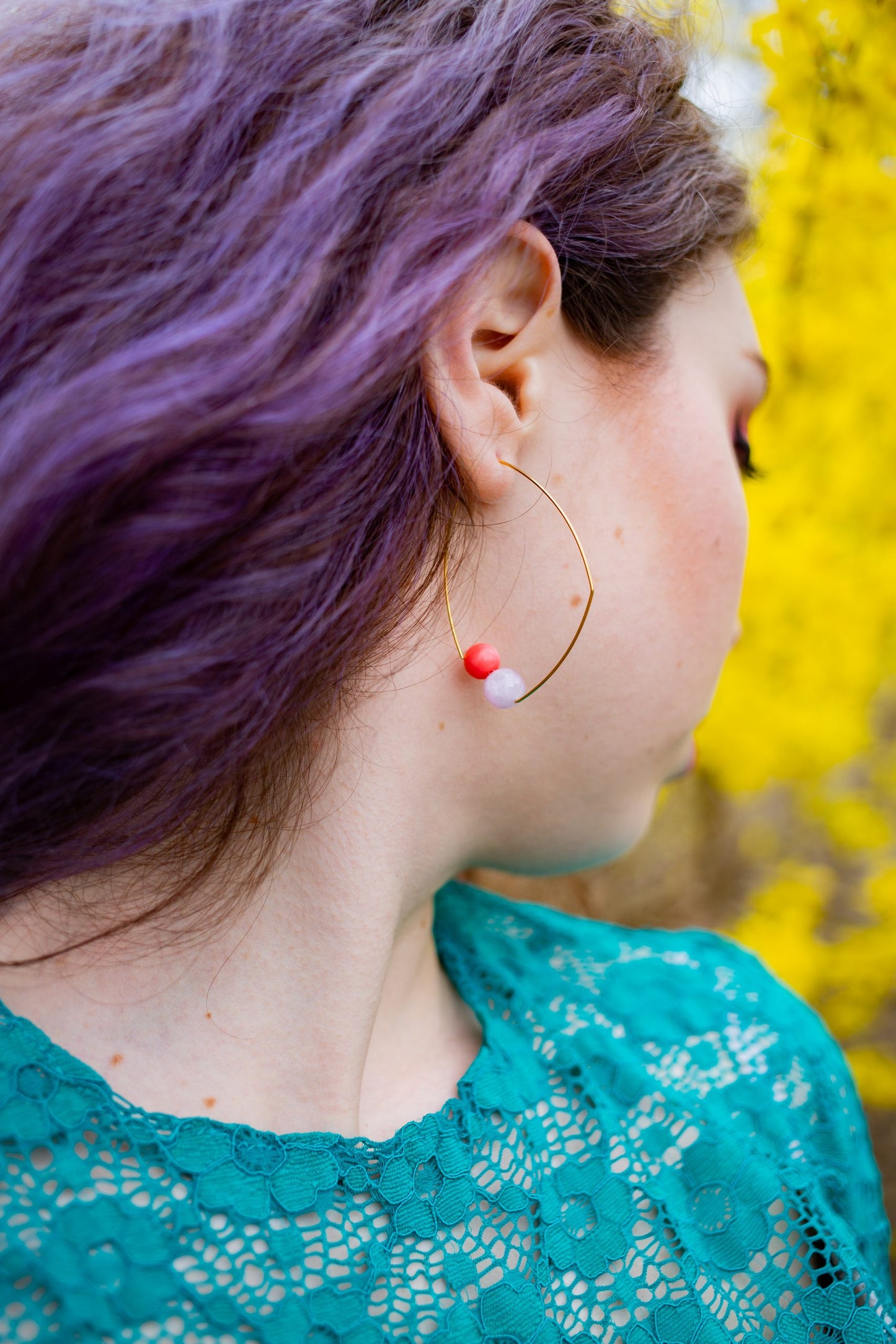 Triangle Earrings with Yellow Aventurine star, Aquamarine and Orange Sea Bamboo
