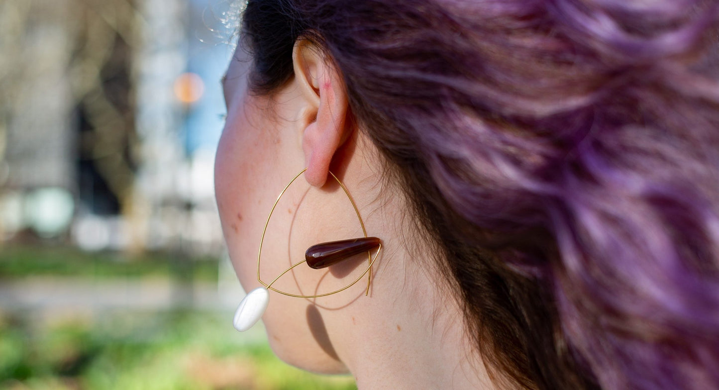 Angled Loop Earrings with White Fresh Water Pearl Drop