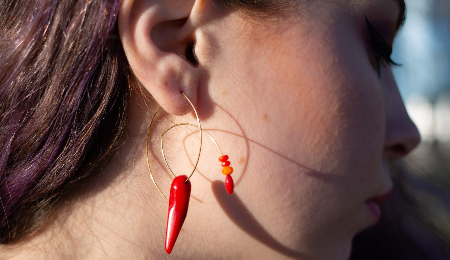 Large Angled Loop Earrings with Red Coral and Orange Coral