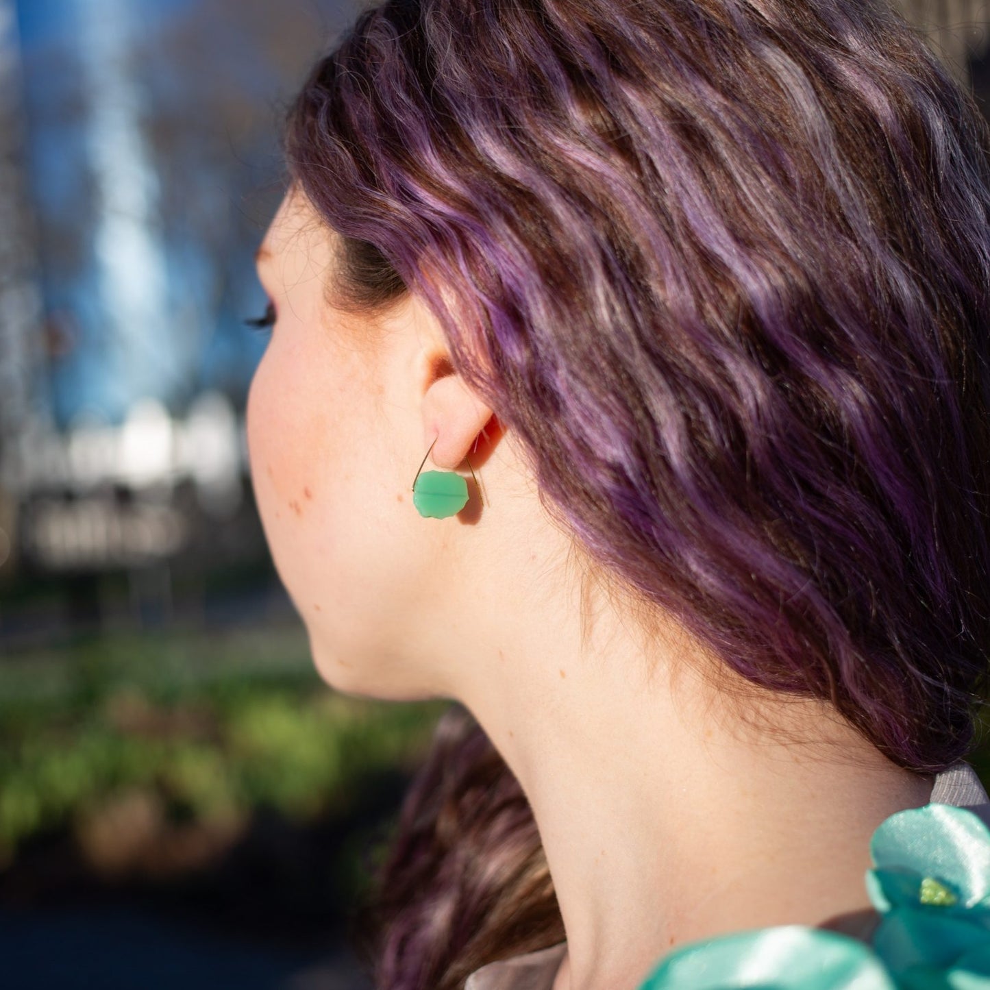Petite Triangle Lobe Huggers with Orange Coral and Chartreuse Green Chalcedony