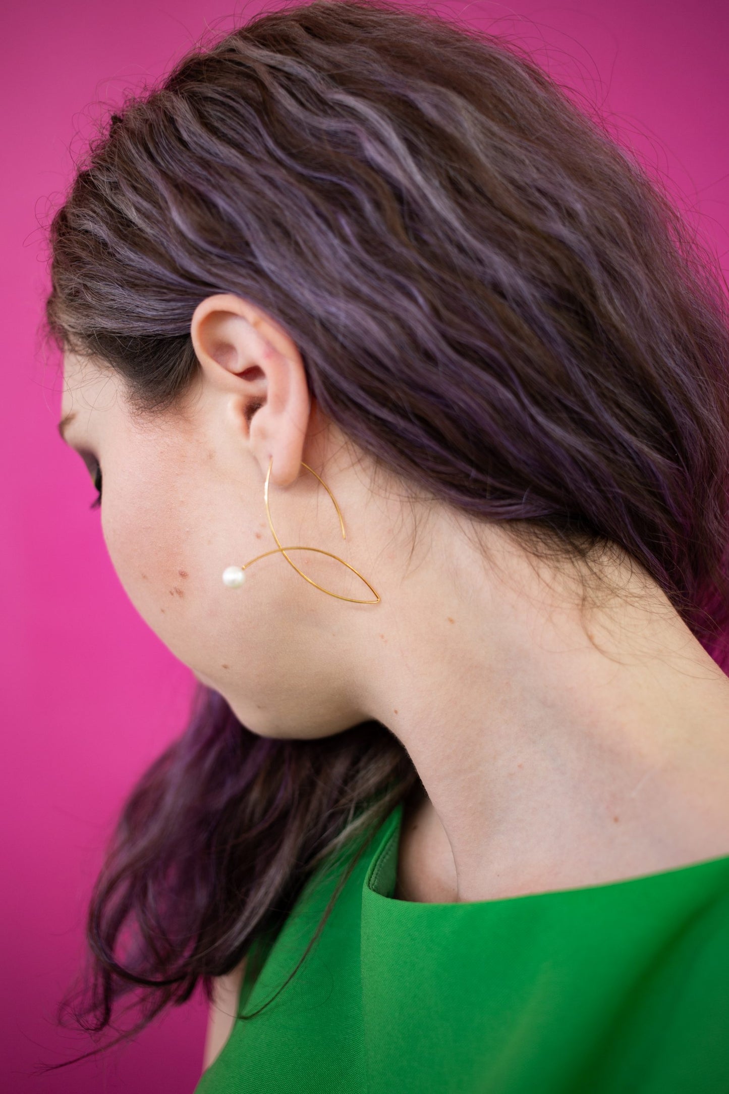 Angled Loop Earrings with White Fresh Water Pearl Drop