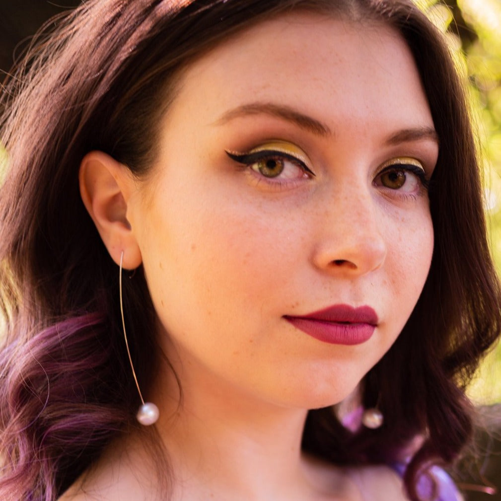 Long Straight Drop Earrings with Round Freshwater Pearls