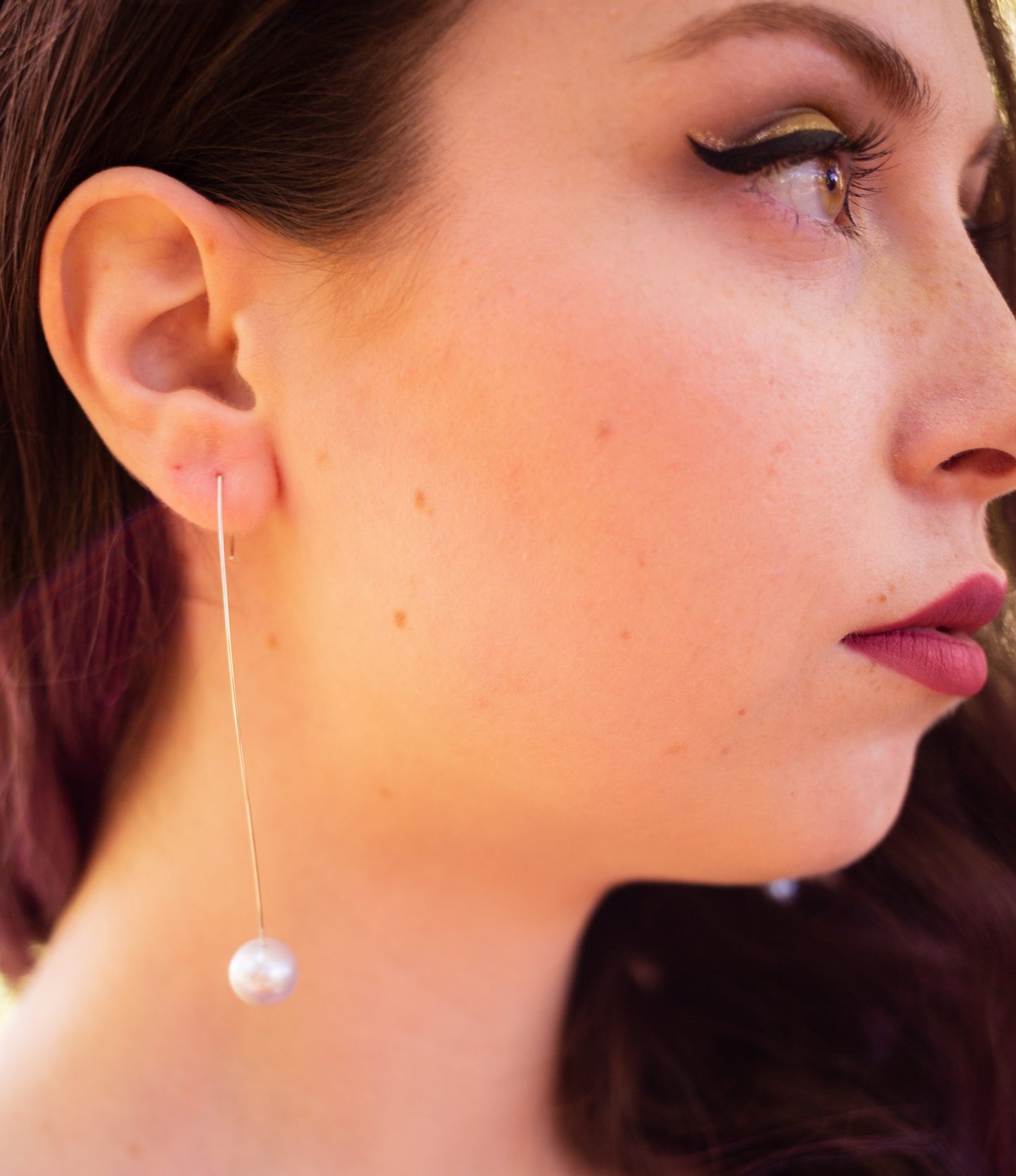 Long Curved Drop Earrings with Round Freshwater Pearls