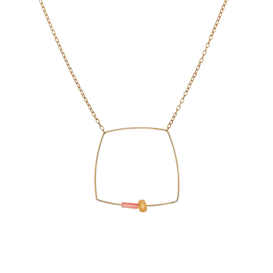 Large Square Pendant Necklace with Coral and Opal