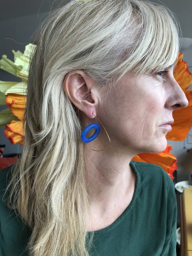 Statement Architectural Abstract Earrings with Solid Blue Agate Circles