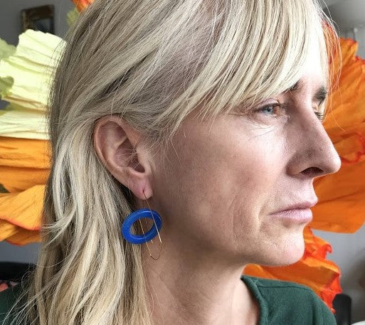 Statement Architectural Abstract Earrings with Solid Blue Agate Circles