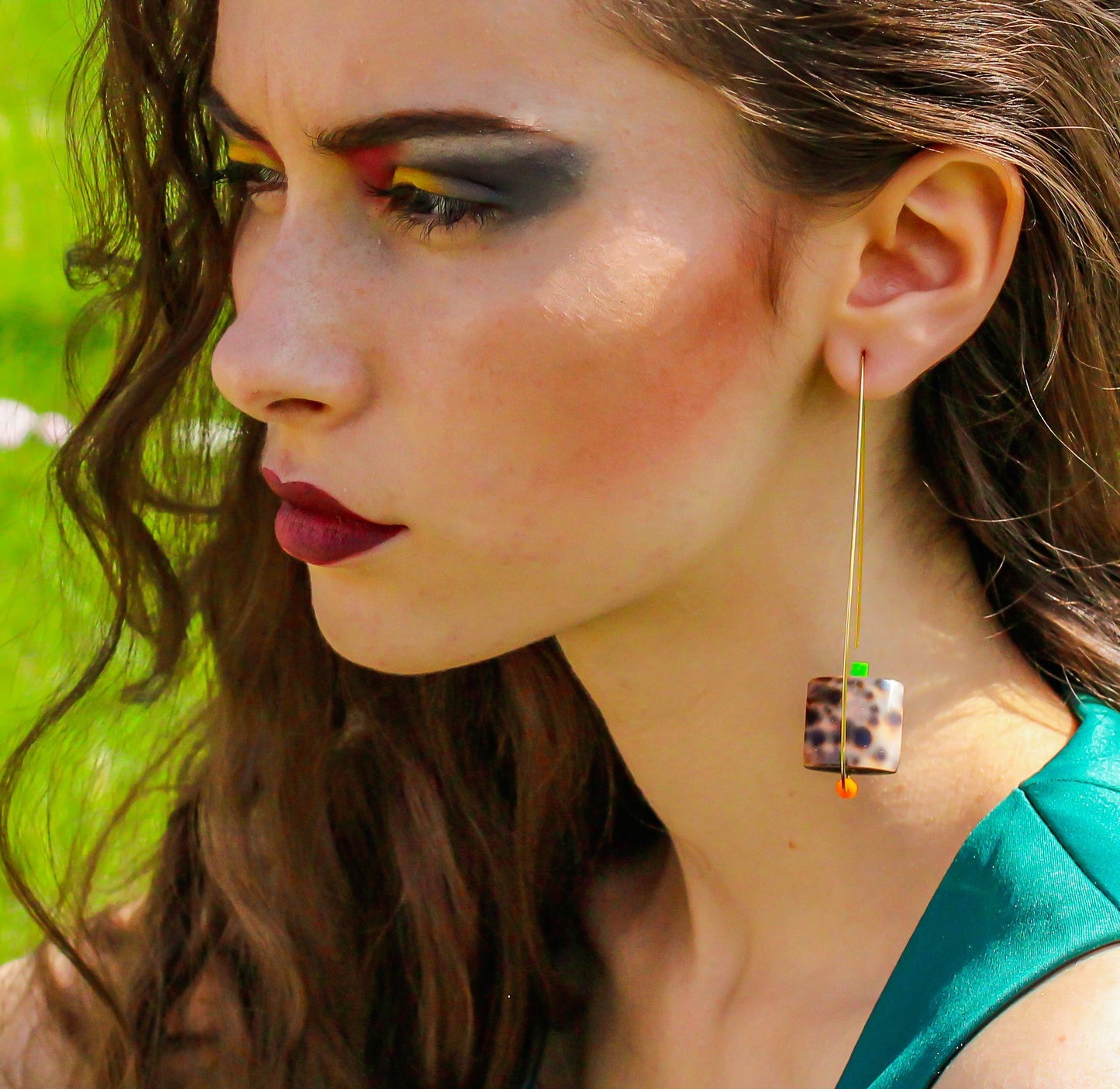 Pointed Oval Earrings with Cowrie Shell, Green Nepalese Turquoise & Orange Coral