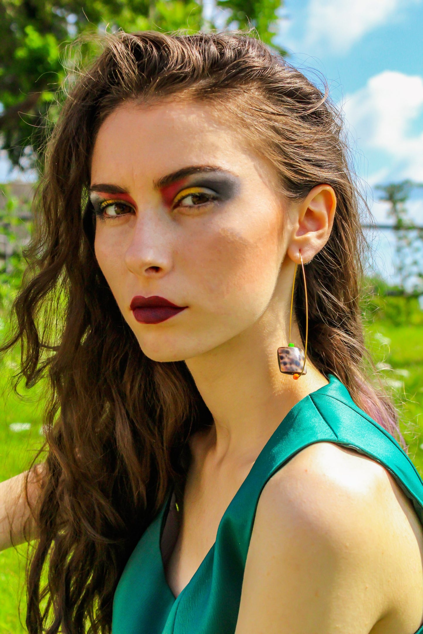 Pointed Oval Earrings with Cowrie Shell, Green Nepalese Turquoise & Orange Coral