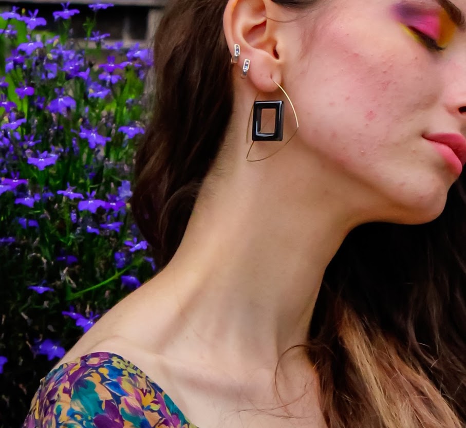 Large Asymmetric Earrings with Flat Hematite Squares