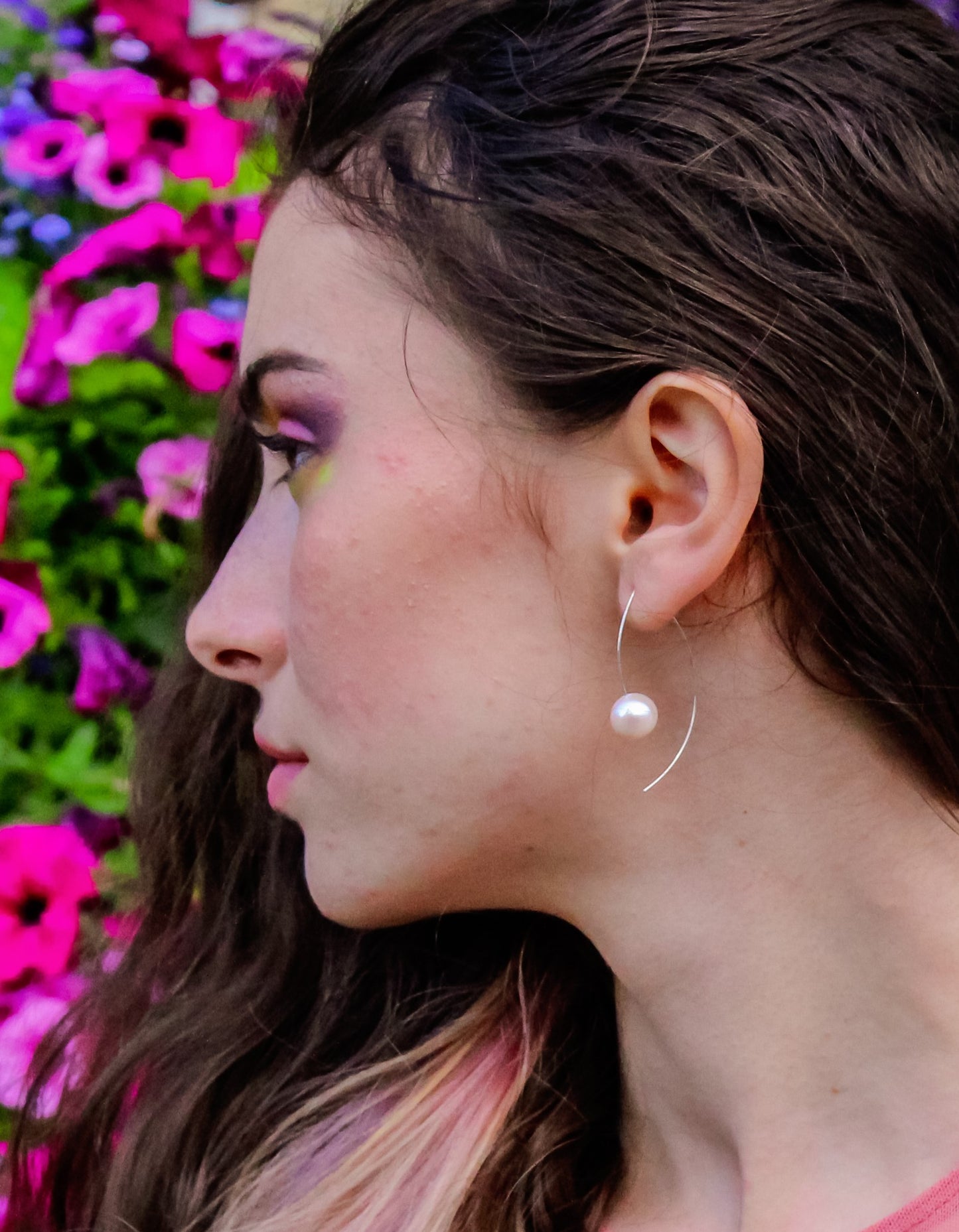 Long Curve Earrings with Round Fresh Water Pearls