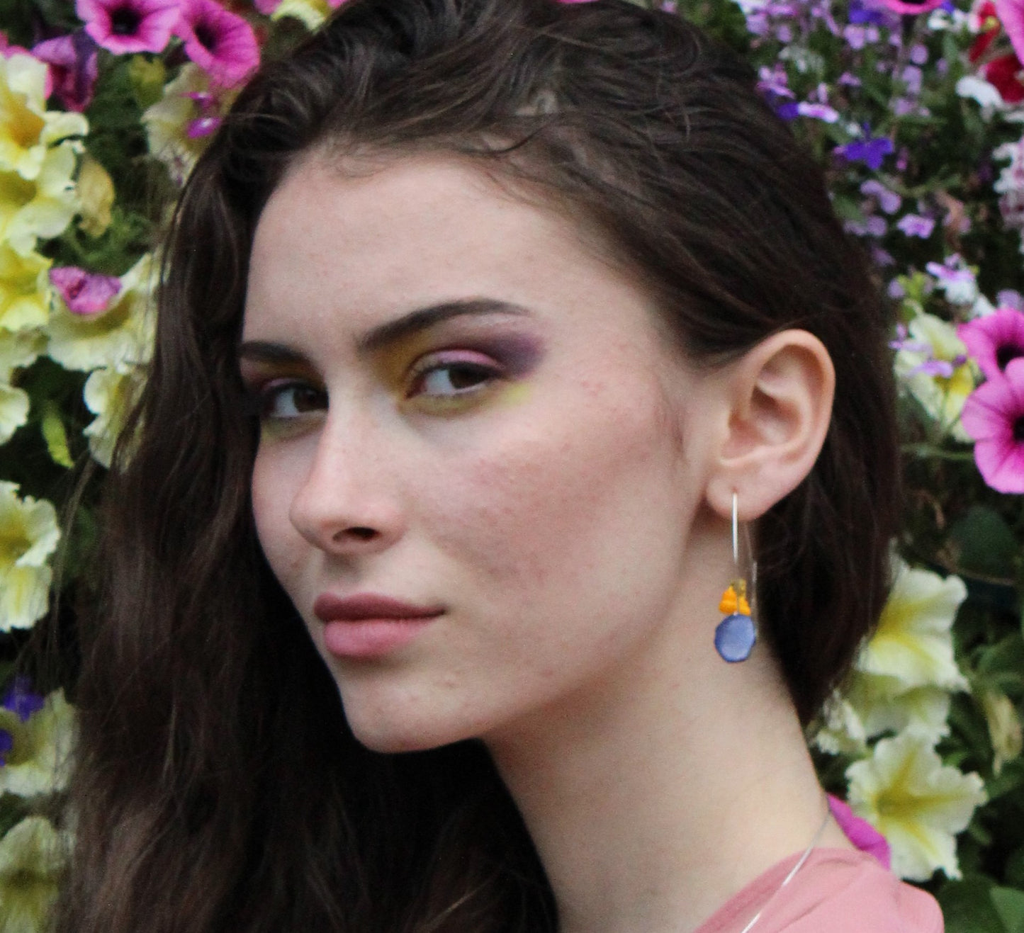 Double Loop Earrings with Lapis Lazuli Slice, Gold Quartz, Orange Bamboo Coral