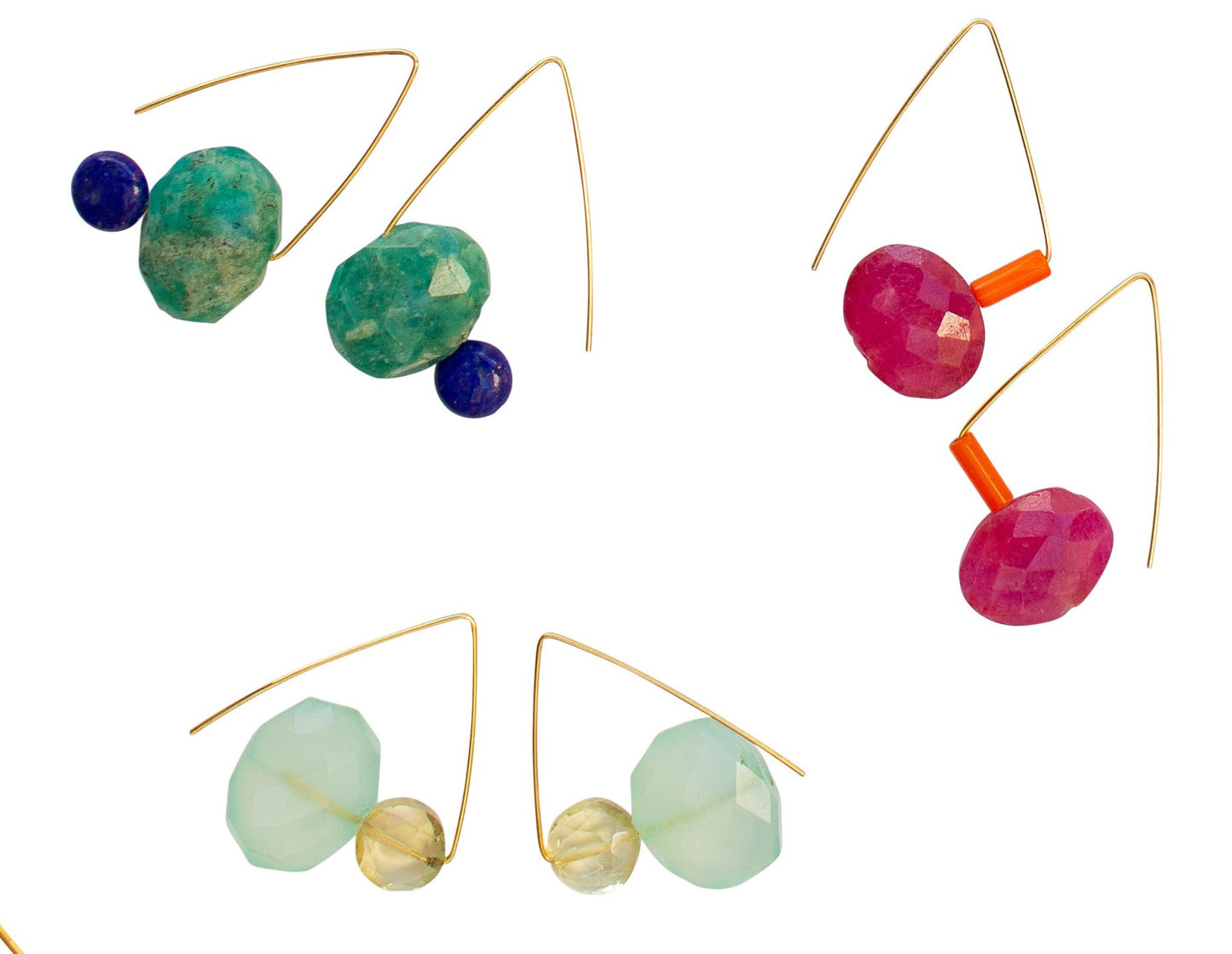 Petite Triangle Lobe Huggers with Orange Coral and Chartreuse Green Chalcedony