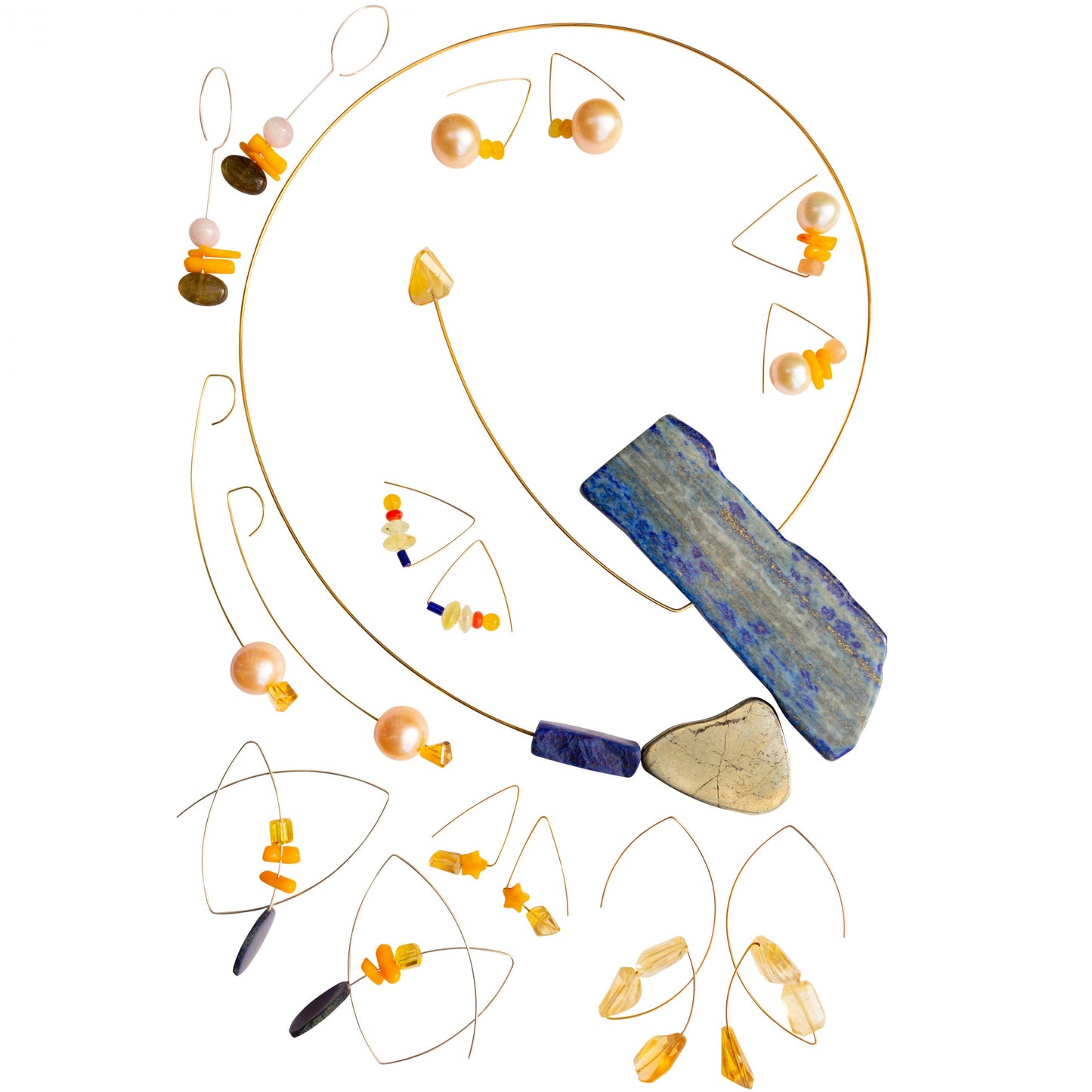 Double Loop Earrings with Lapis Lazuli Slice, Gold Quartz, Orange Bamboo Coral
