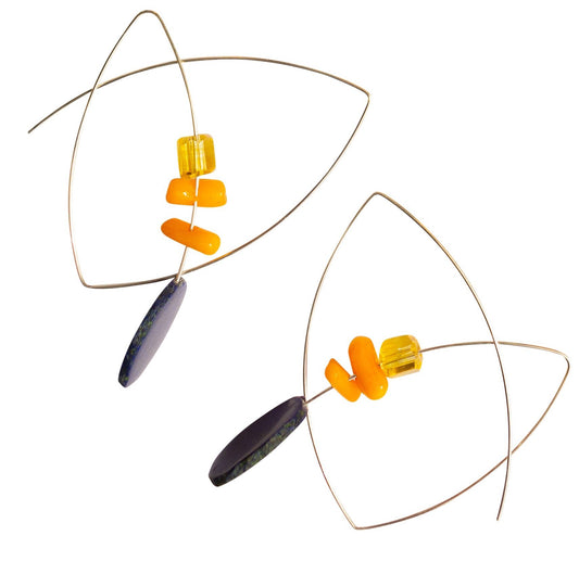 Double Loop Earrings with Lapis Lazuli Slice, Gold Quartz, Orange Bamboo Coral