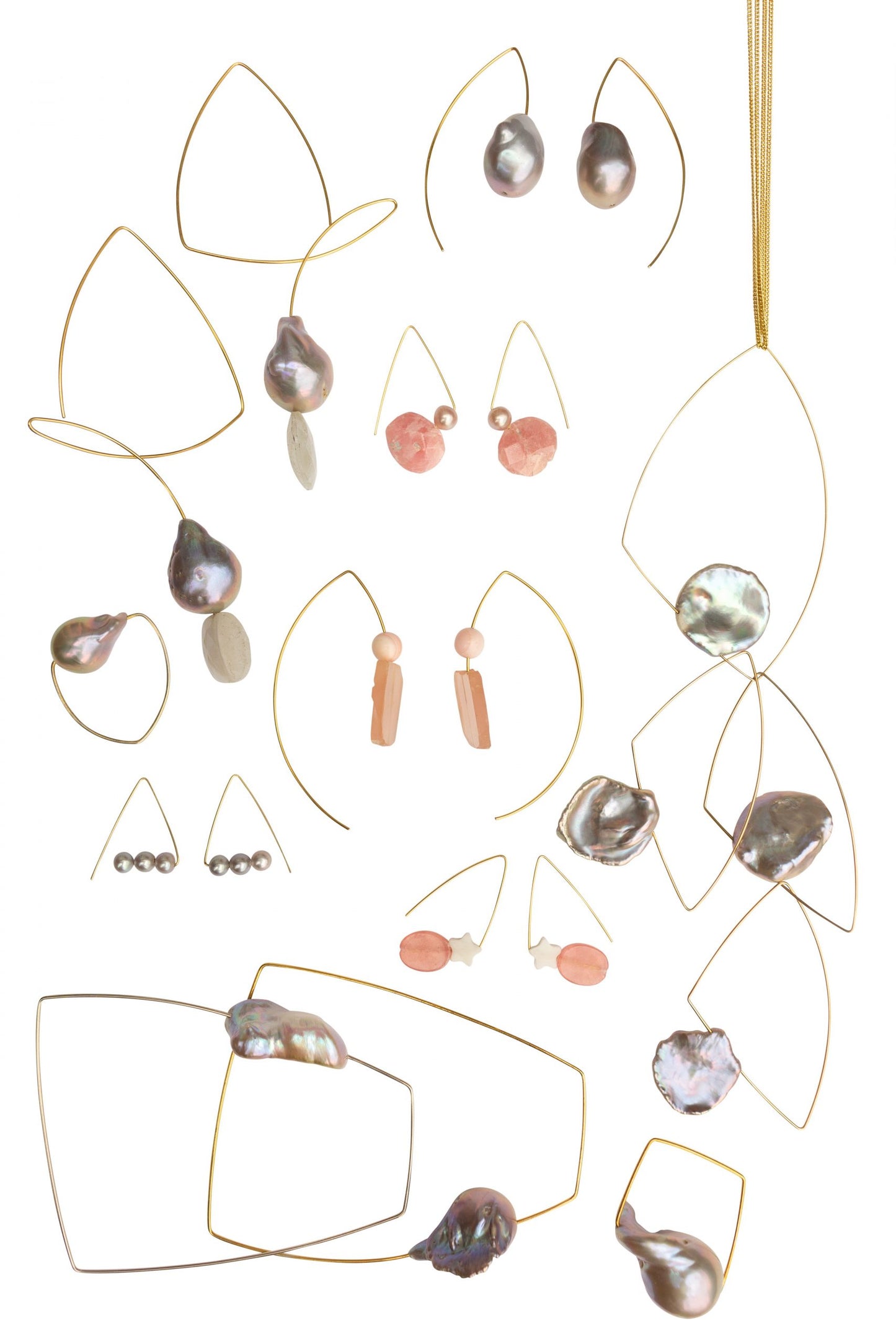 Petite Triangle Lobe Huggers with Pink Rhodochrosite and Round Freshwater Pearls