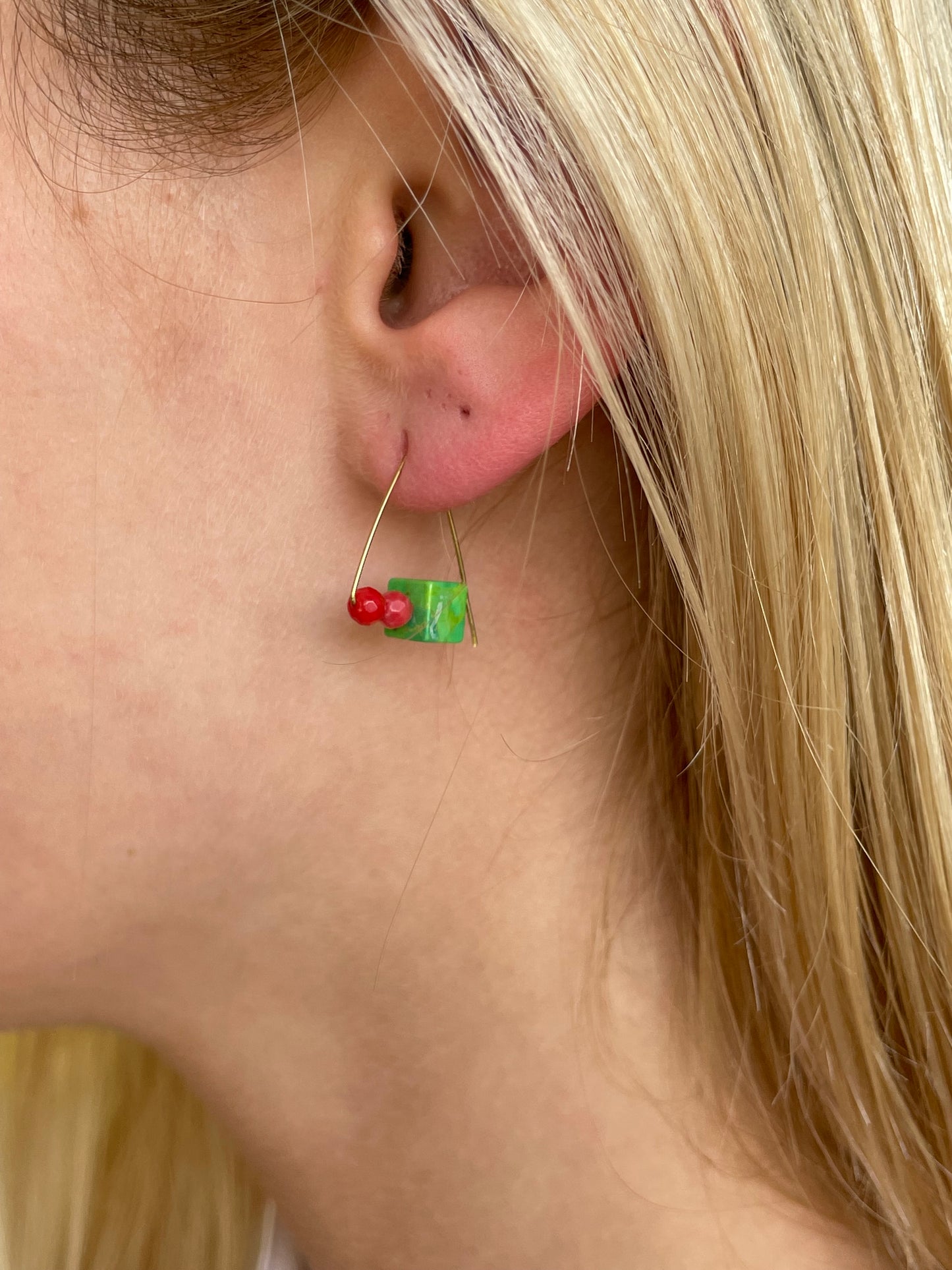 Petite Triangle Lobe Huggers with Peach Moonstone Small Oval and Round Beads