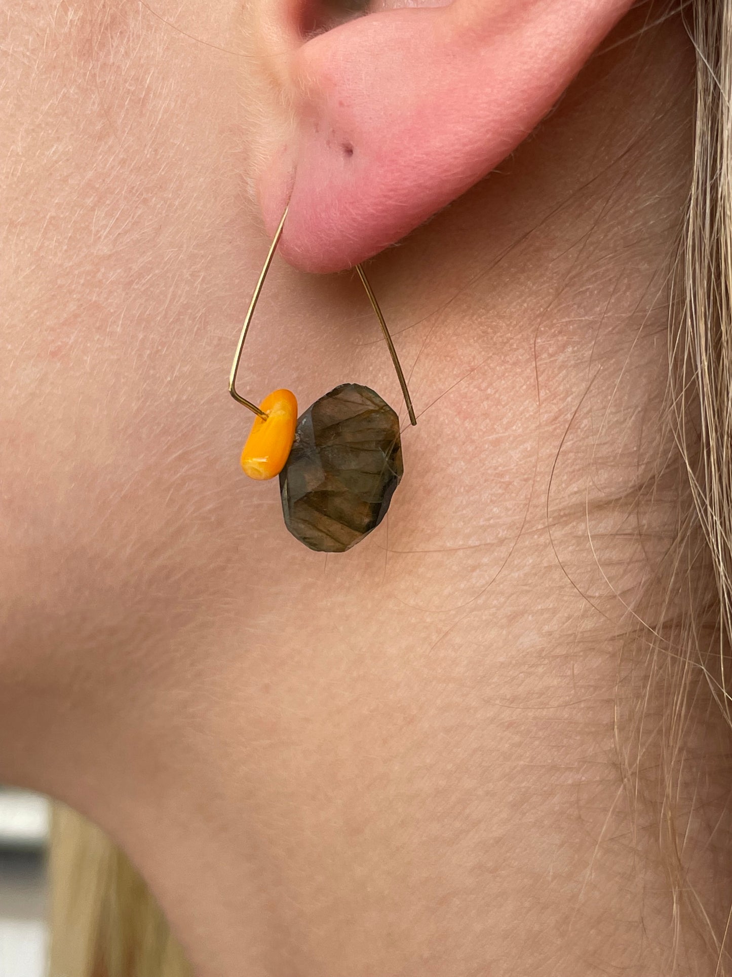 Petite Triangle Lobe Huggers with Peach Moonstone Small Oval and Round Beads