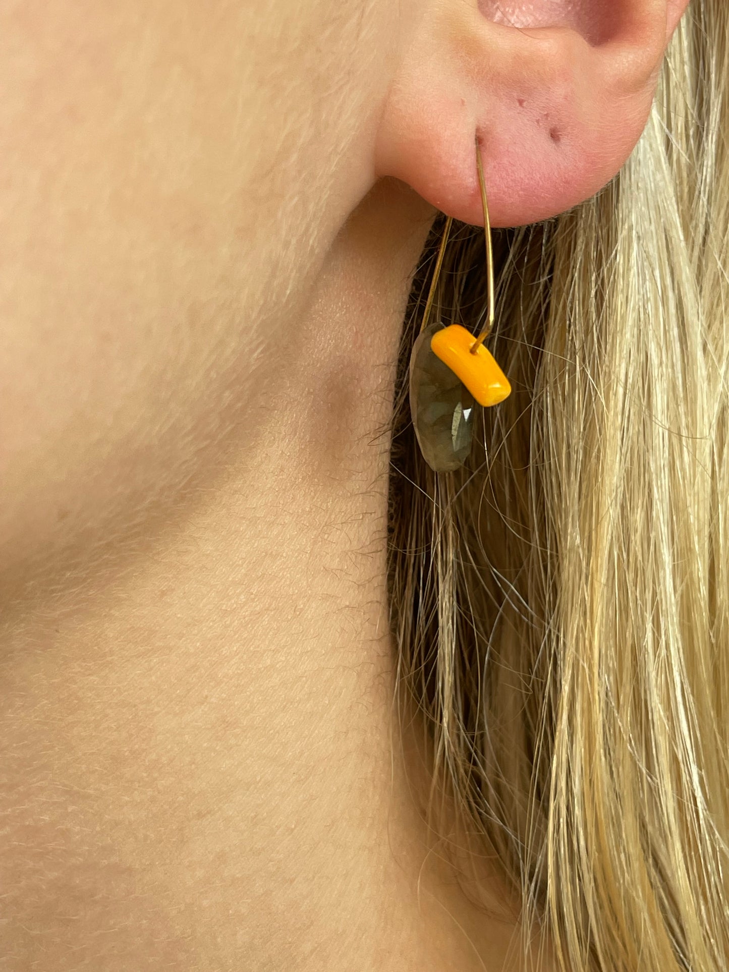 Petite Triangle Lobe Huggers with Peach Moonstone Small Oval and Round Beads