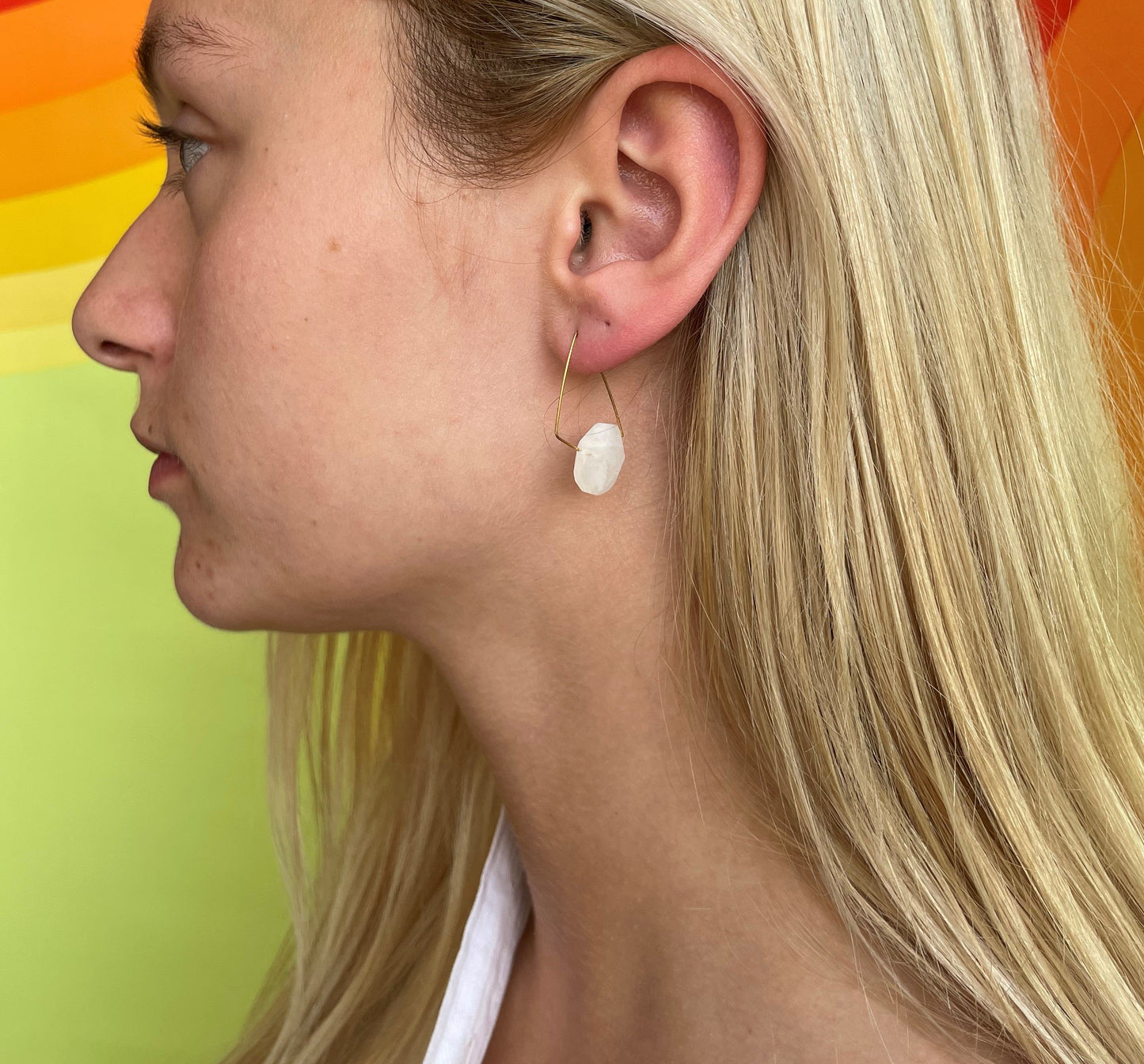 Petite Triangle Lobe Huggers with Peach Moonstone Small Oval and Round Beads