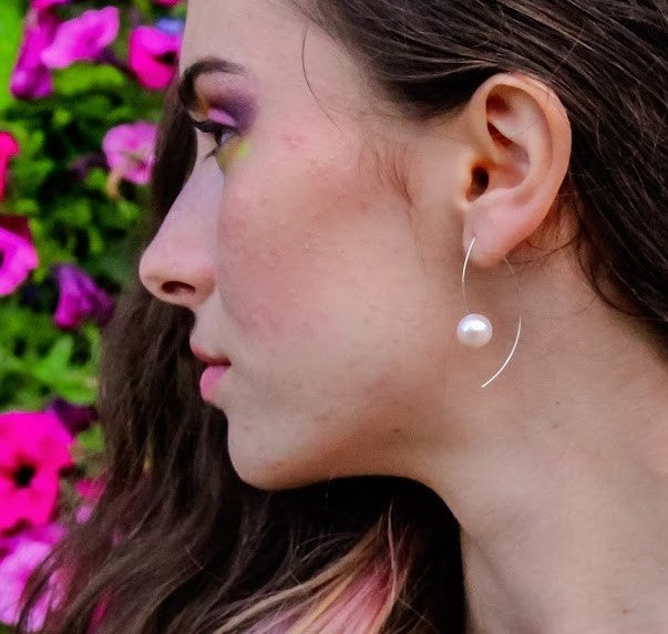 Long Curve Earrings with Round Fresh Water Pearls