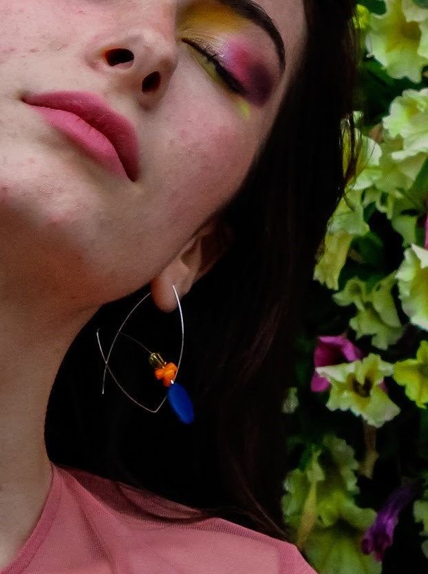 Double Loop Earrings with Lapis Lazuli Slice, Gold Quartz, Orange Bamboo Coral