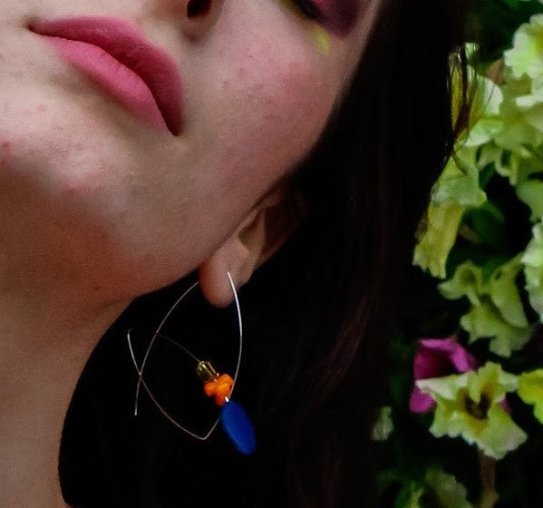 Double Loop Earrings with Lapis Lazuli Slice, Gold Quartz, Orange Bamboo Coral