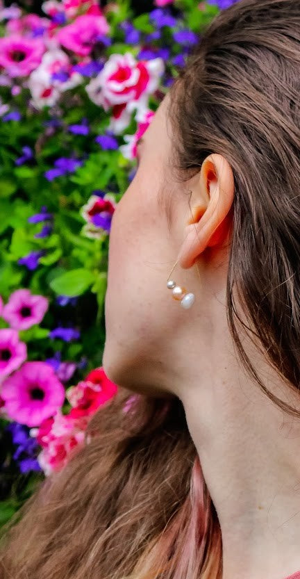 Triangle Earrings with White Moonstones, Pink & Grey Freshwater Pearls