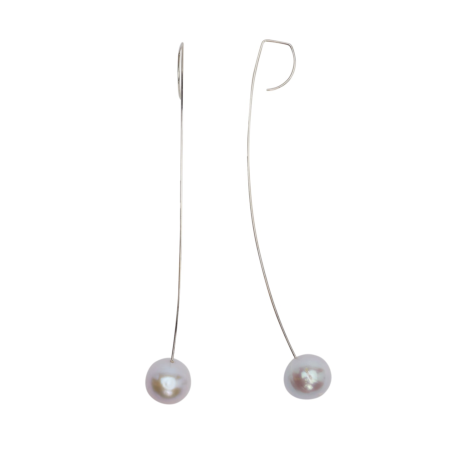 Long Curved Drop Earrings with Round Freshwater Pearls