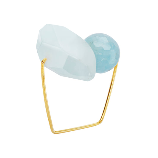 Square Ring with Aqua Marine facet ball & abstract faceted shard