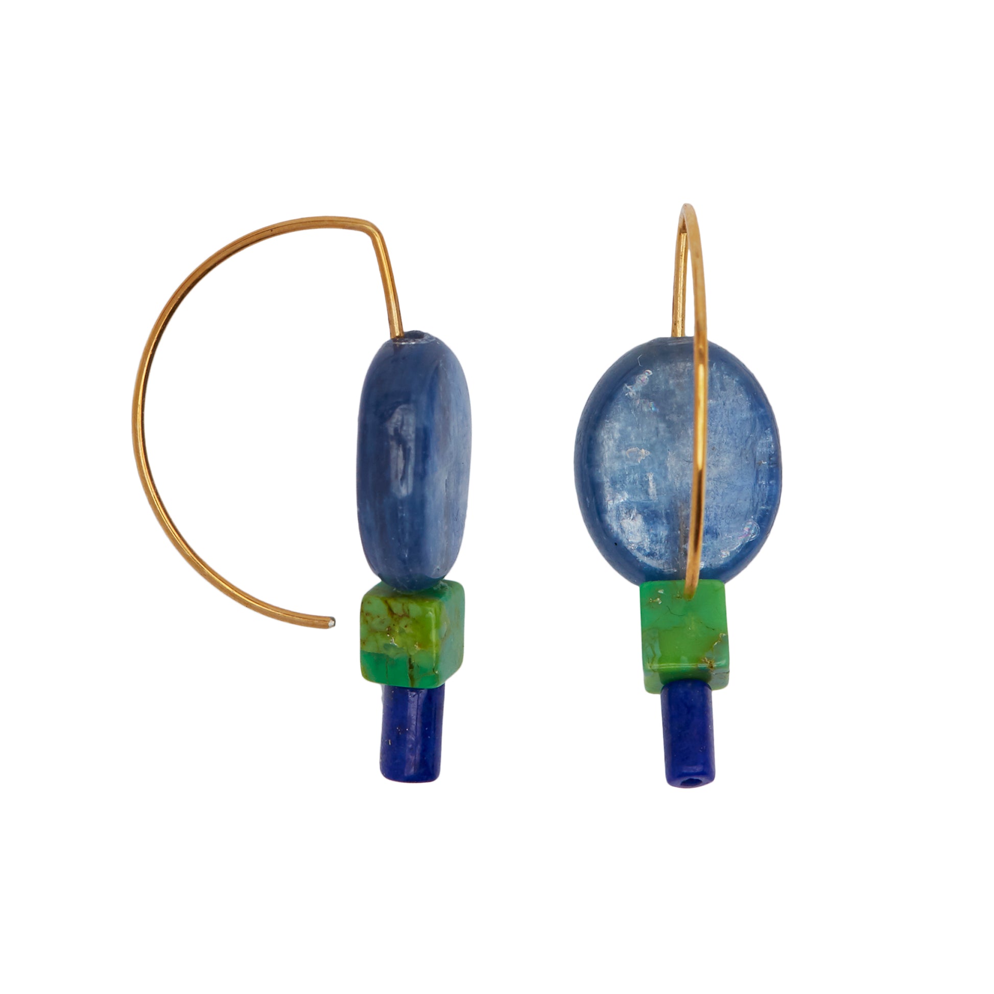 Short Curve Earrings with Kunzite, Green Turquoise and Lapis Lazuli