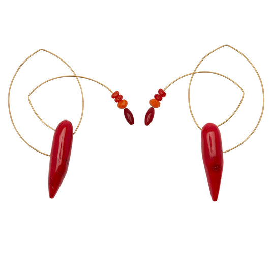 Large Angled Loop Earrings with Red Coral and Orange Coral