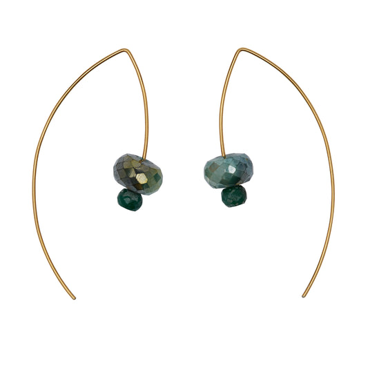 Long Curve Earrings with Green Mystic Chalcedony and Emerald
