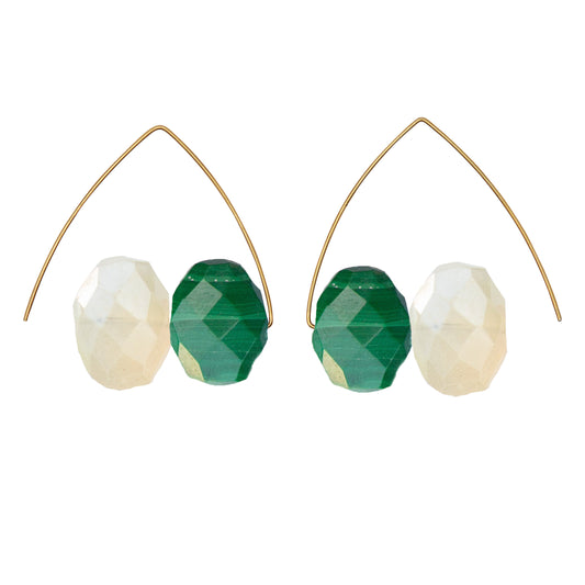 Triangle Earrings with White Chalcedony and Malachite