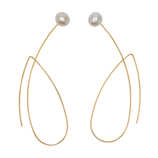 Long Pointed Loop Earrings with White Fresh Water Pearls (5mm)