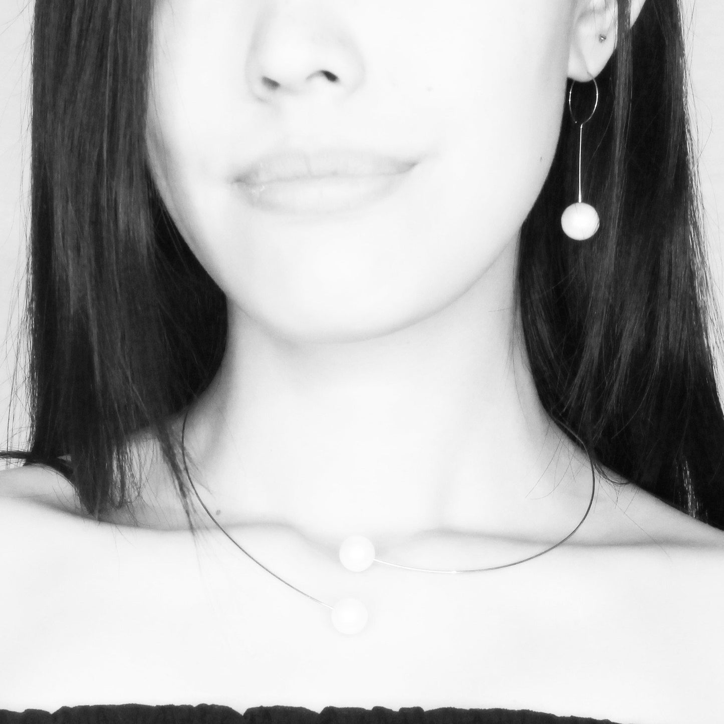 Long Curve Earrings with Drop Round Freshwater Pearls