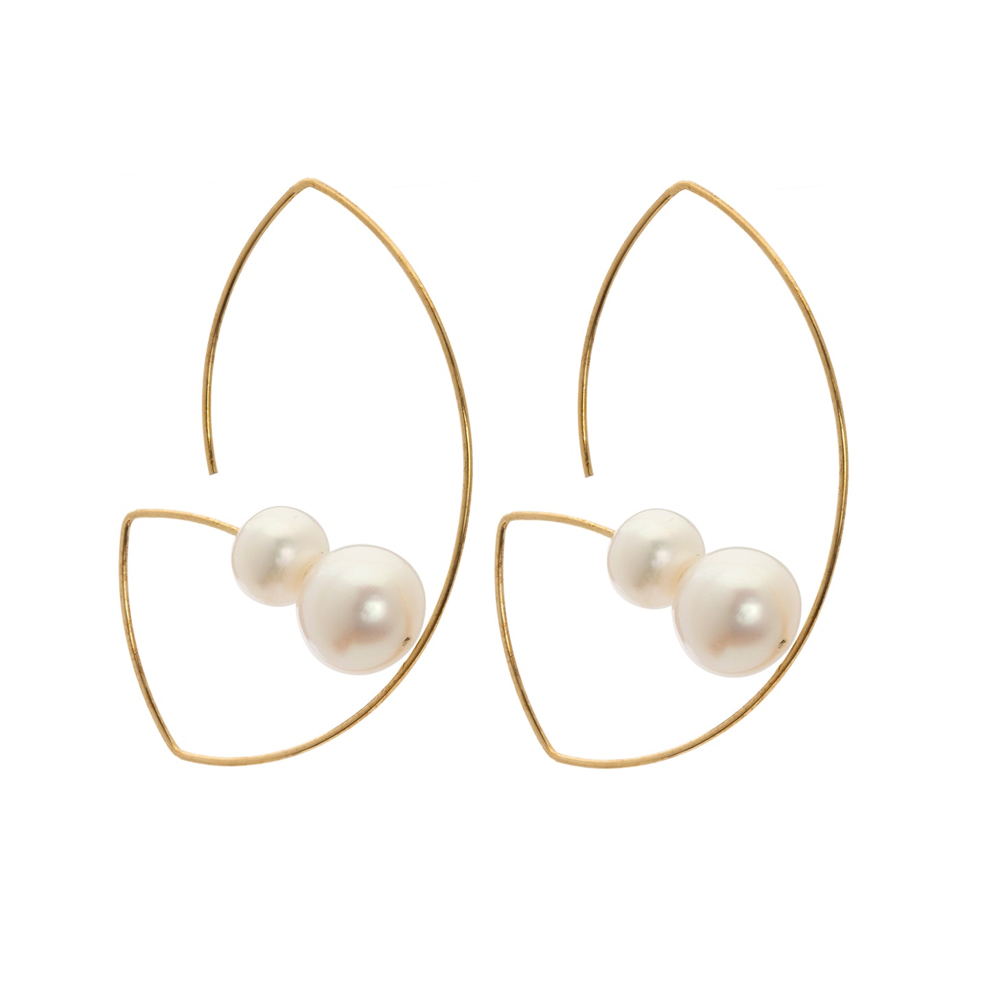 Long Angled Curve Earrings with Round Freshwater Pearls