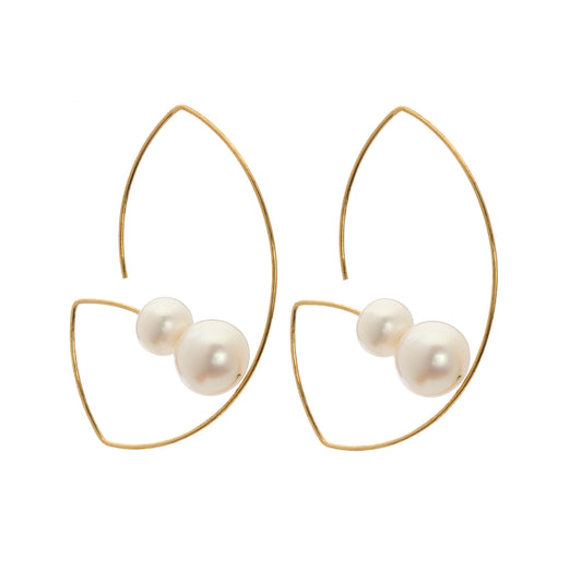 Long Angled Curve Earrings with Round Freshwater Pearls