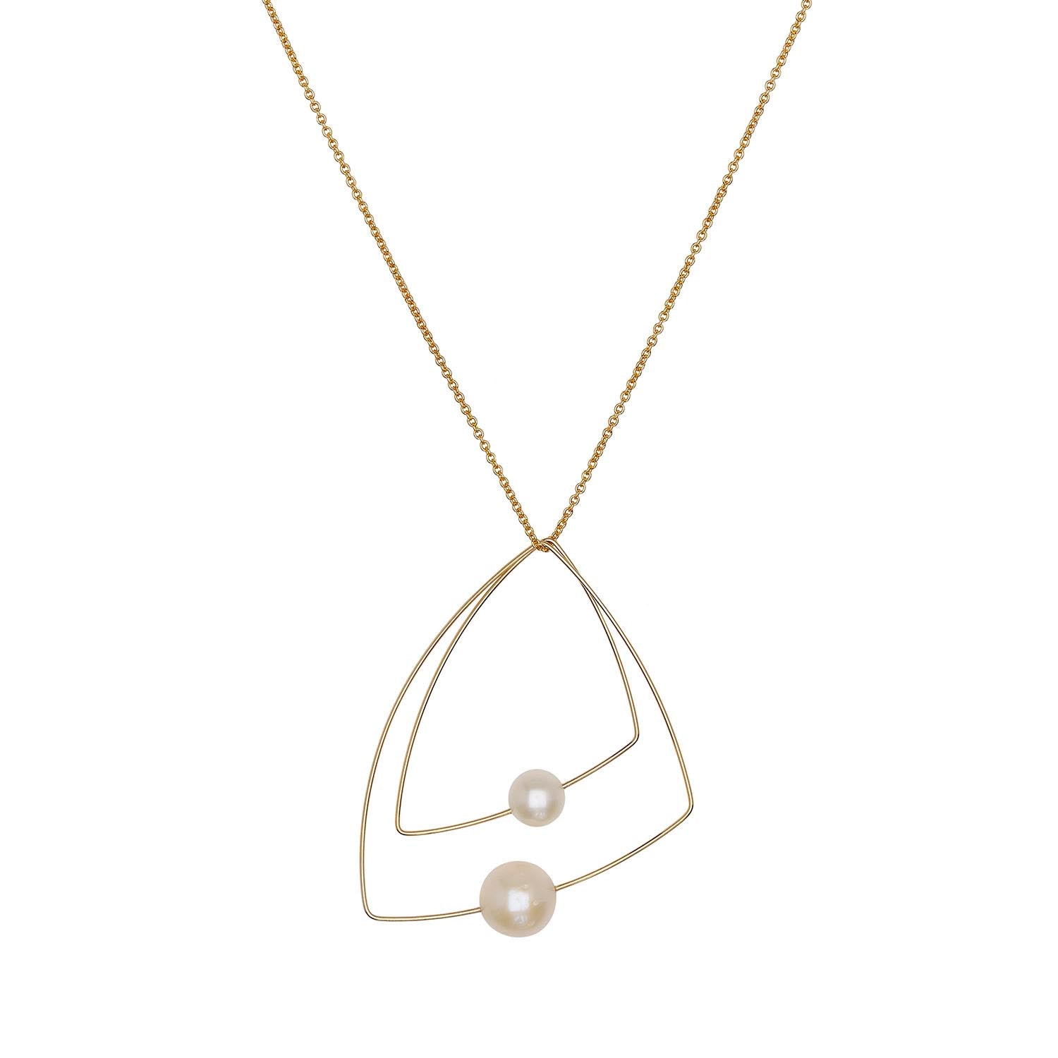 Double Triangle Pendant Necklace with White Pearls