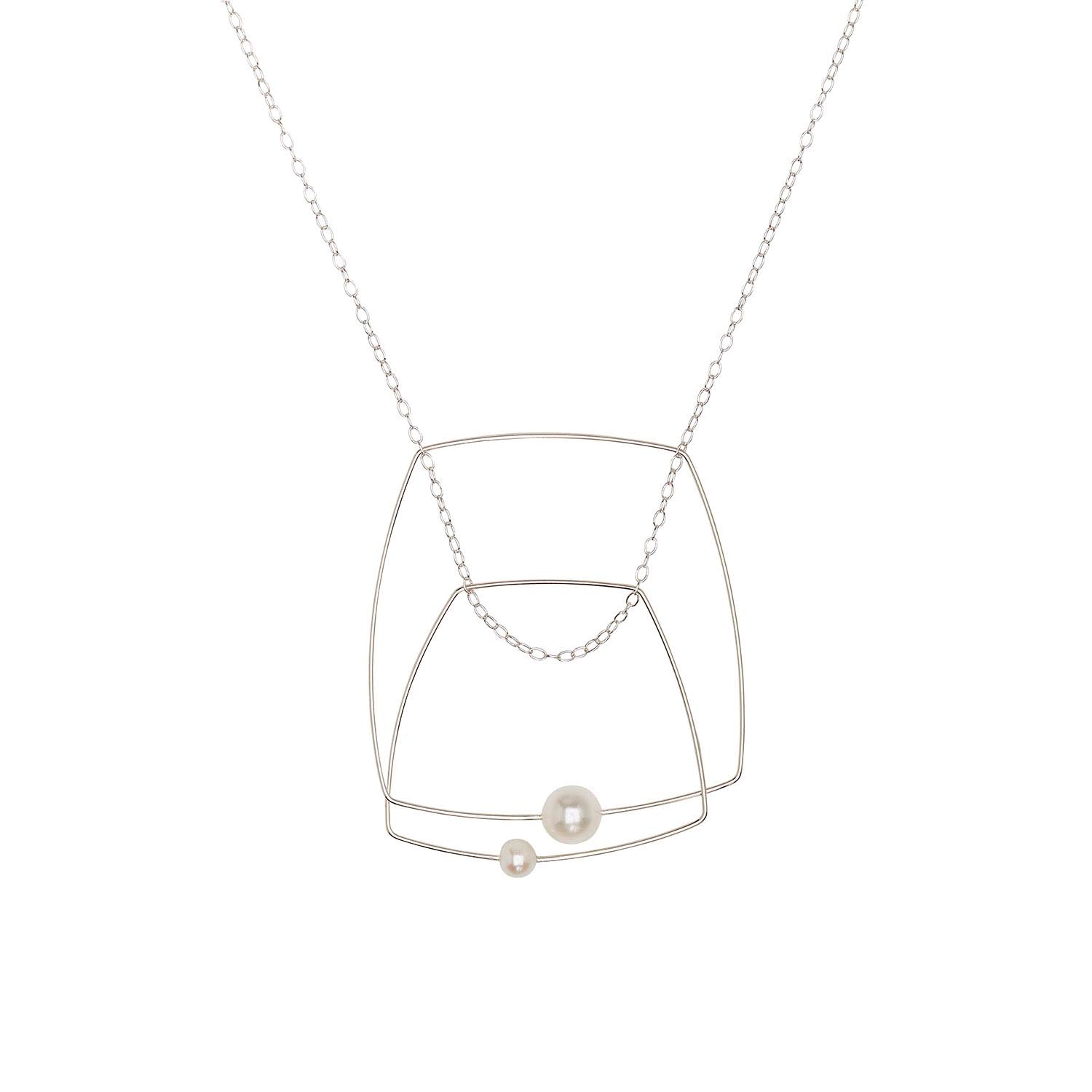 Double Square Pendant Necklace with White Pearls
