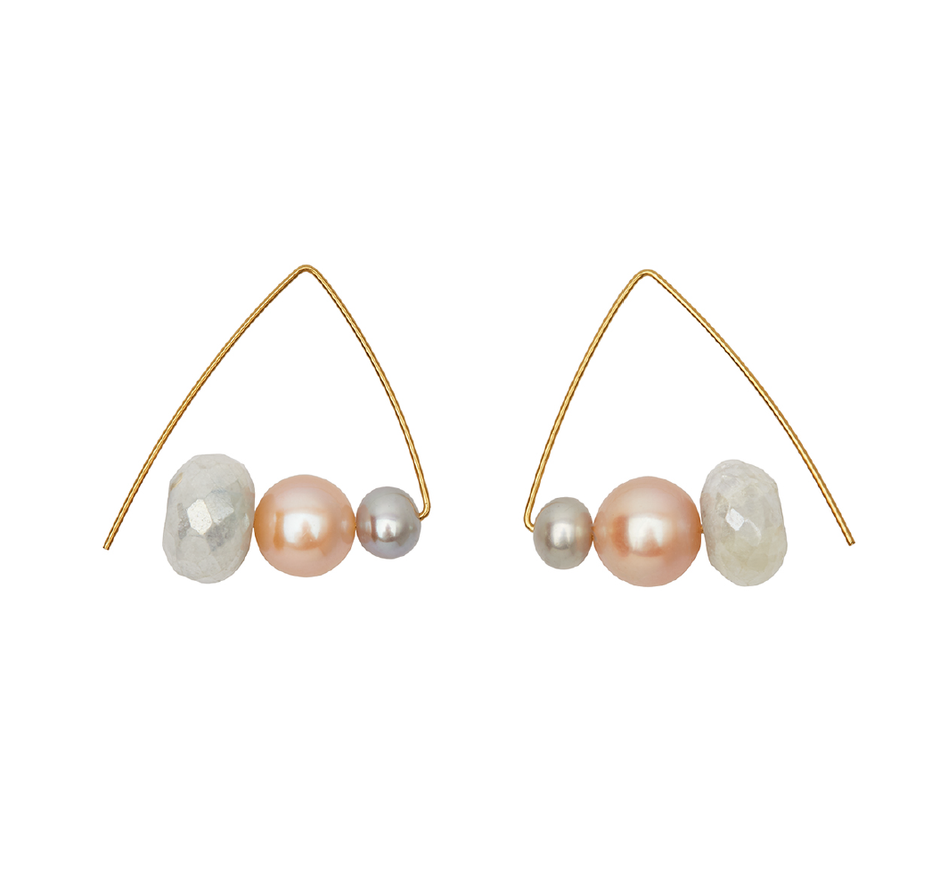 Triangle Earrings with White Moonstones, Pink & Grey Freshwater Pearls