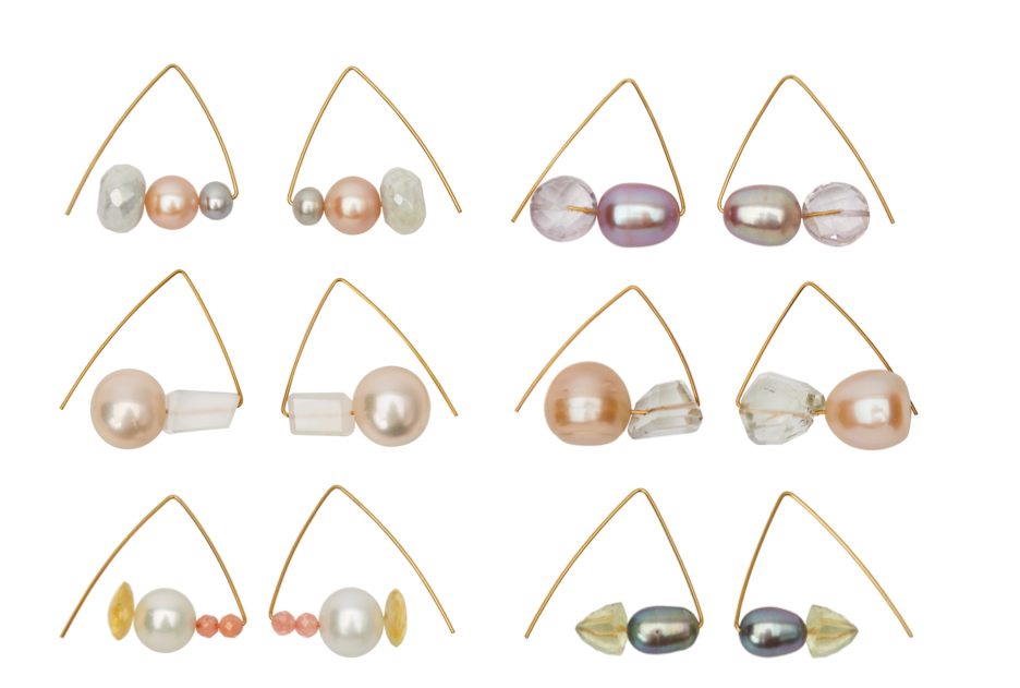 Triangle Earrings with White Moonstones, Pink & Grey Freshwater Pearls