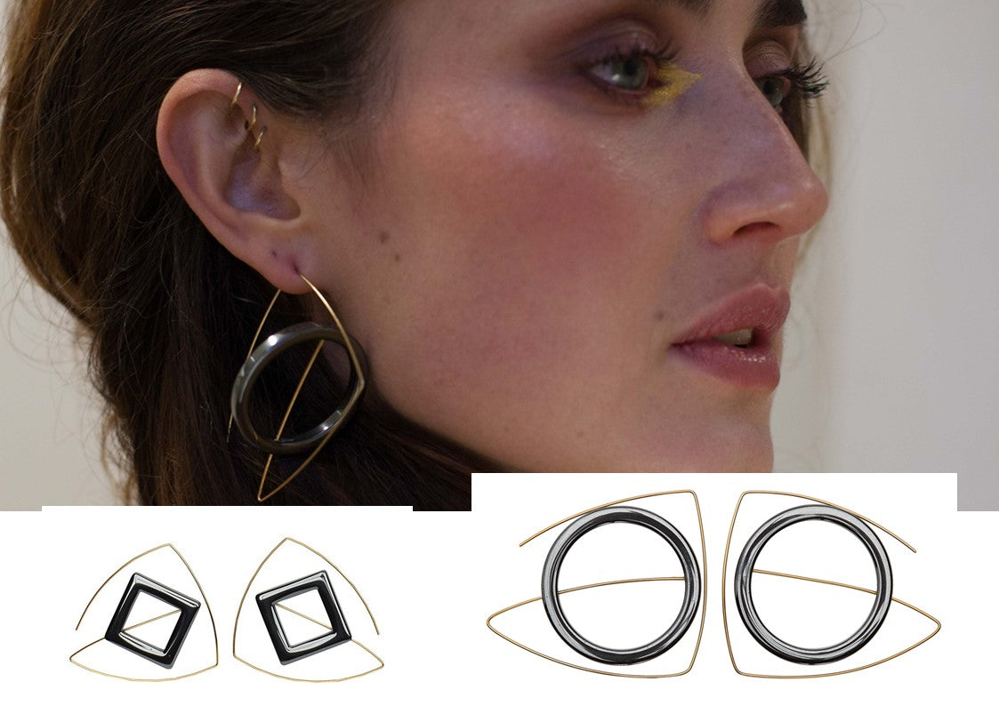 Statement Architectural Abstract Earrings with Solid Blue Agate Circles