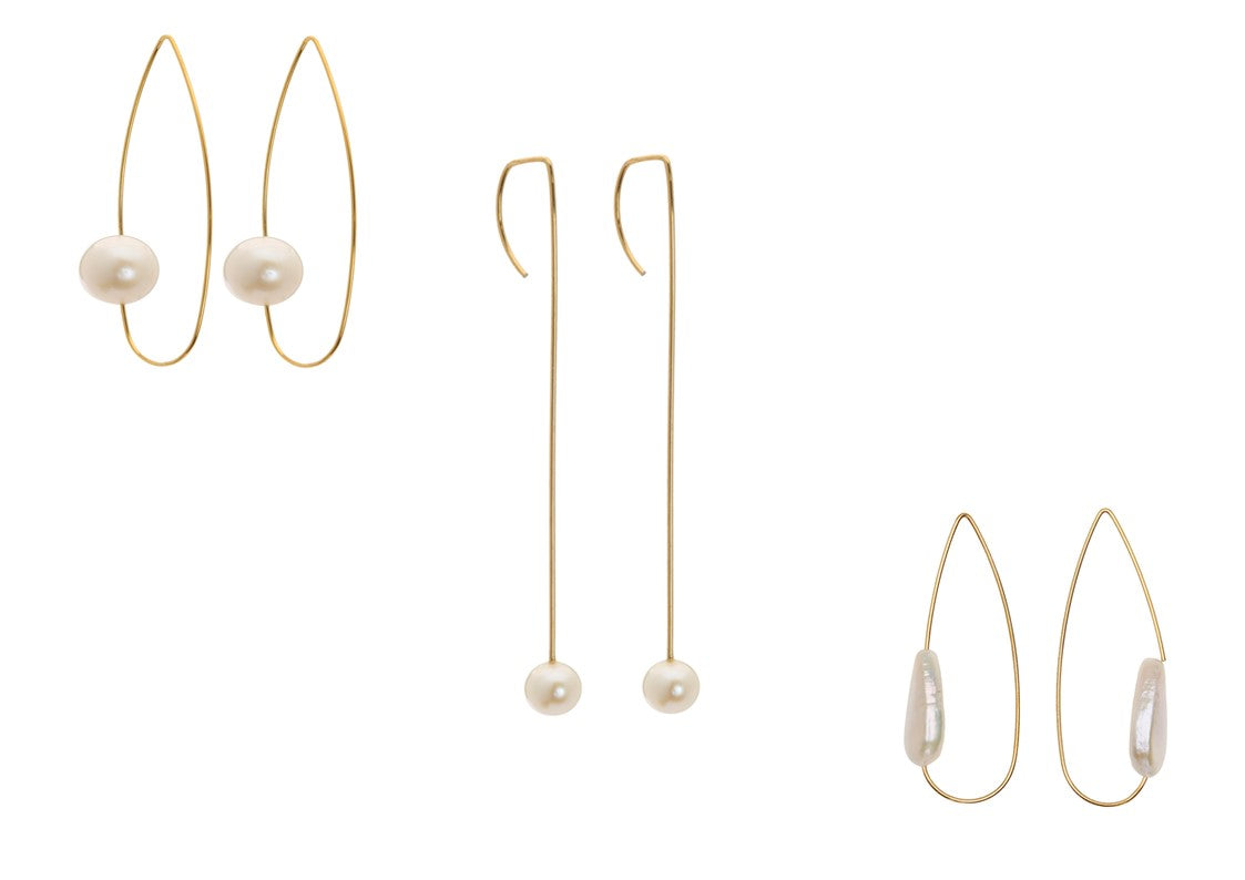 Long Curved Drop Earrings with Round Freshwater Pearls