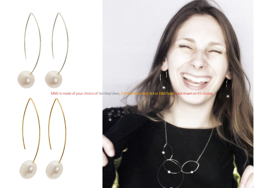 Long Curve Earrings with Round Freshwater Pearls