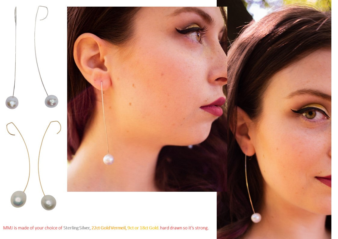 Long Curved Drop Earrings with Round Freshwater Pearls