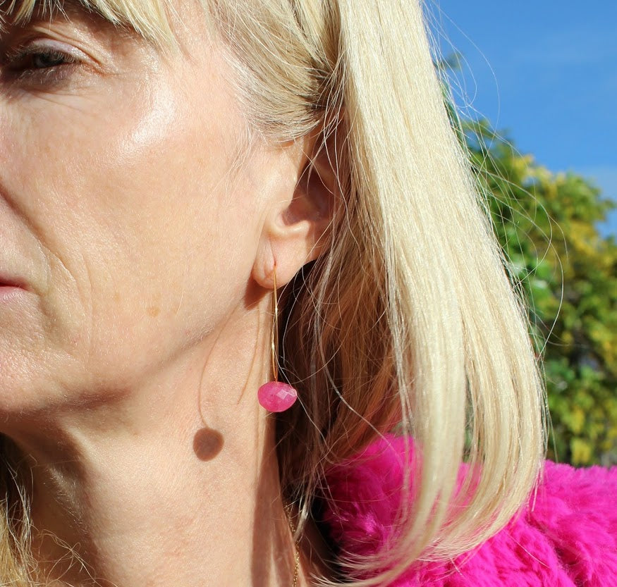 Straight Drop Earrings with Peach Moonstone and Round Beads