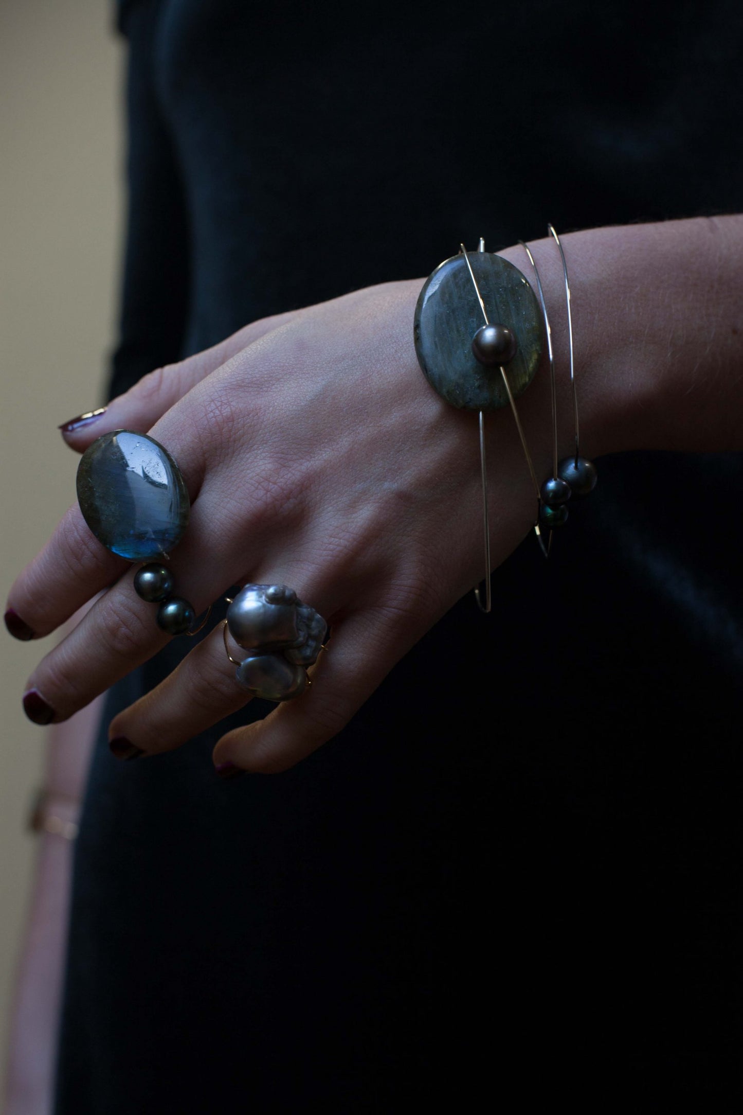 Square Ring with Grey Freshwater Pearls