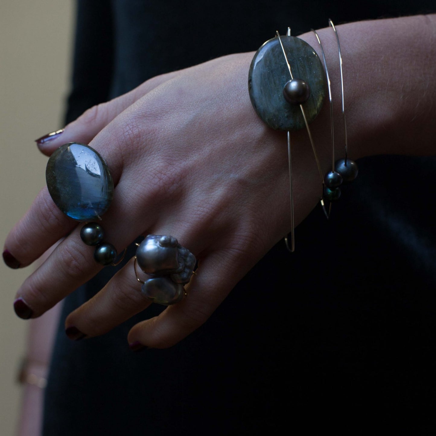 Square Ring with Grey Baroque Pearl